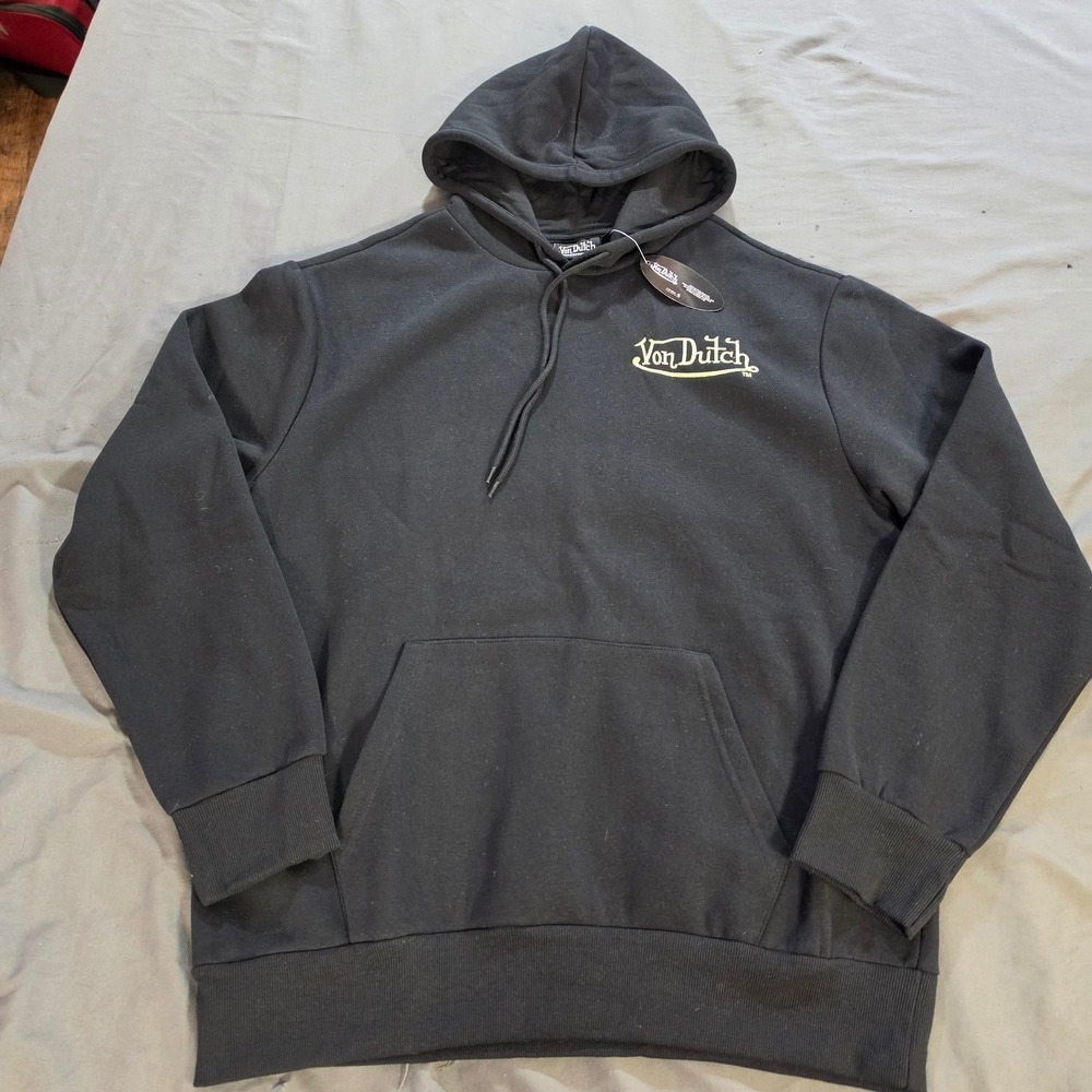 Von Dutch Mens Black Hoodie Large Neon Green Logo Motorcycle Graphic NWT